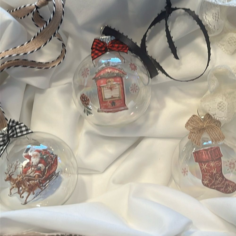 Upcycled Clear Glass Ornaments 3 Different Christmas Balls stocking, sleigh, hut